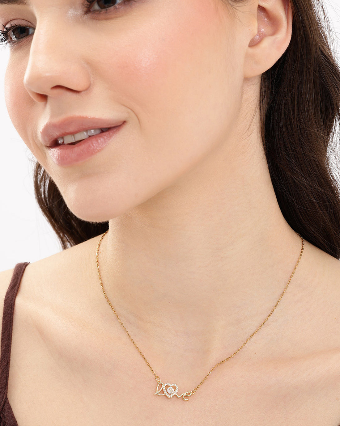 Gold Plated CZ Sparkle Solitaire Love Heart Script Necklace