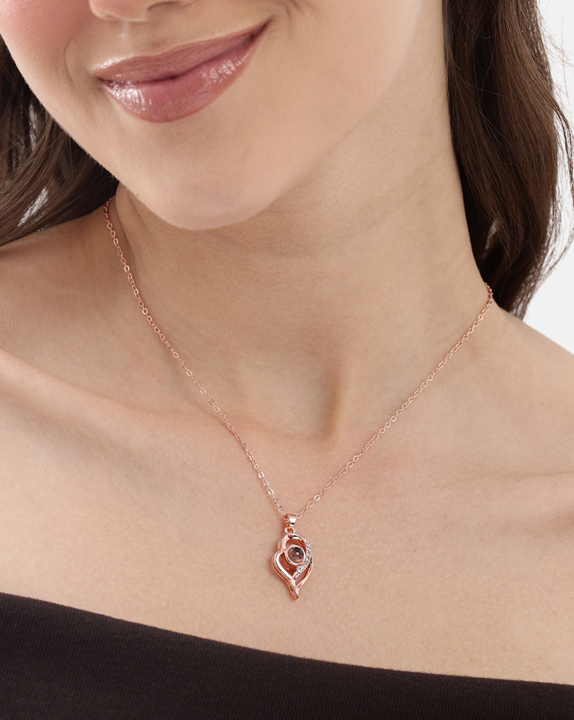 Rose Gold Plated CZ Studded Heart Pendant and Chain