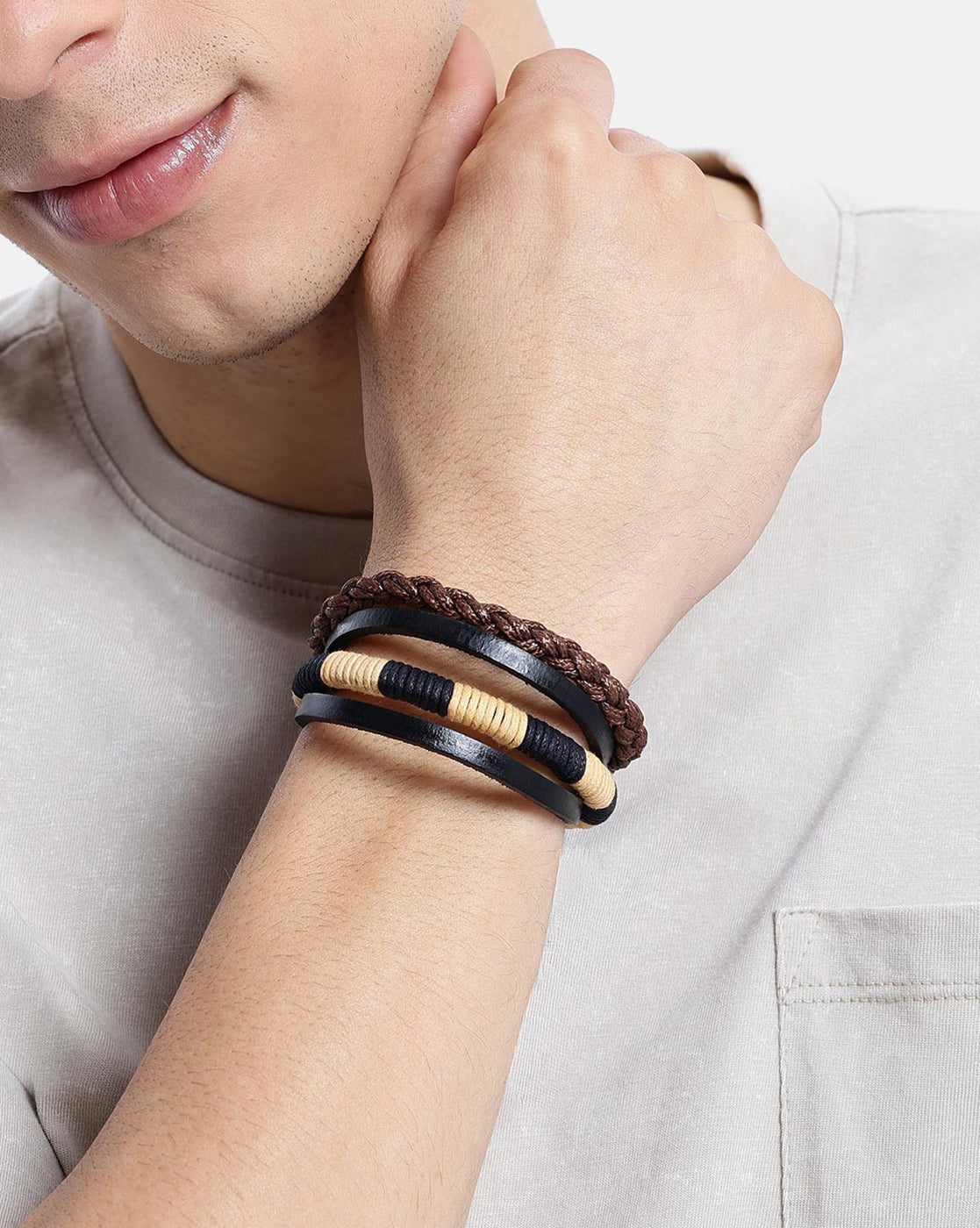 Men Set of 2 Bohemian Multistrand Adjustable Faux Leather Bracelet