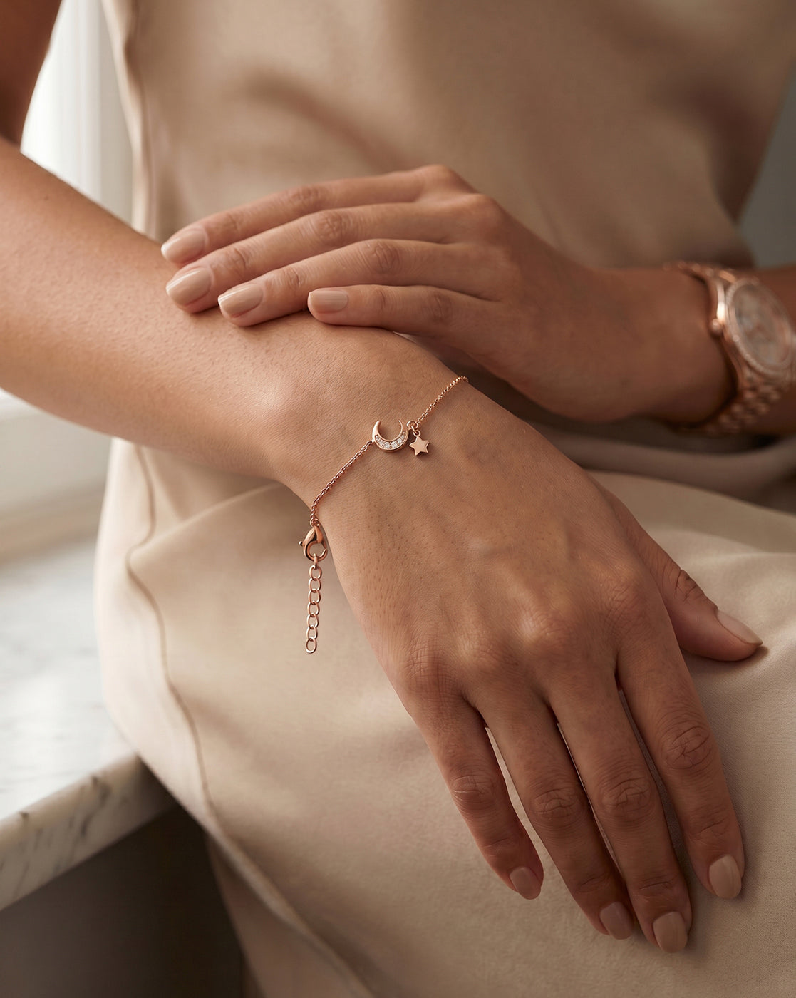 925 Sterling Silver 18kt Rose Gold Plated CZ Moon and Star Charm Bracelet