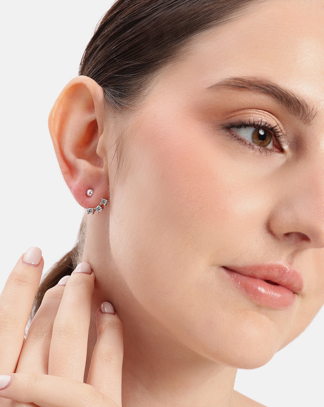 Rhodium Plated CZ Pearl Ear Jacket Earring