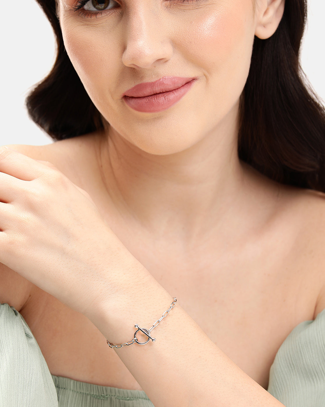 Rhodium Plated Paperclip Chain Toggle Bracelet
