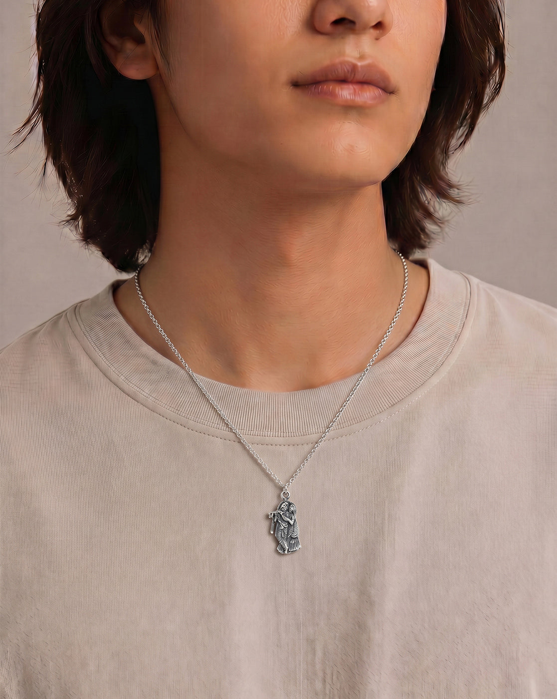 Rhodium Plated Radha and Krishna Oxidised Pendant and Chain for Unisex