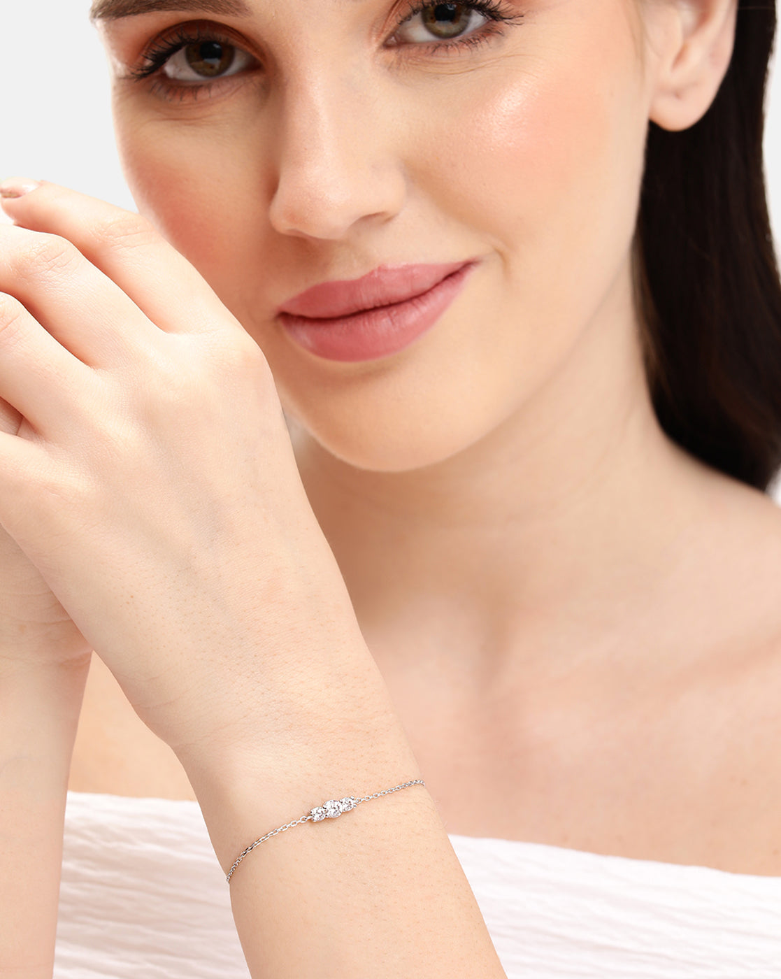 Rhodium-Plated Dainty White Solitaire Elegant Chain Adjustable Bracelet