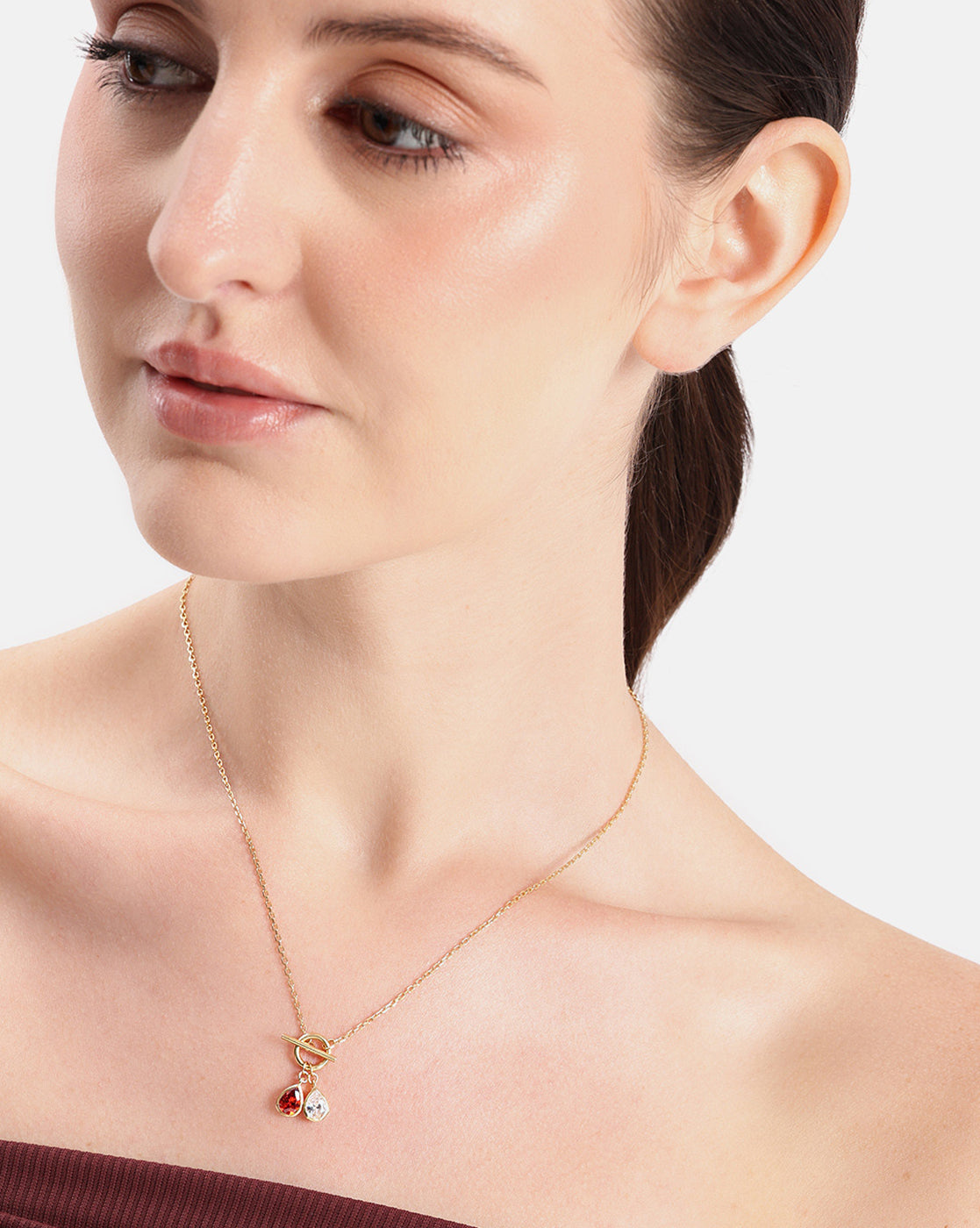 18kt Gold Plated Garnet Solitaire Teardrop Necklace