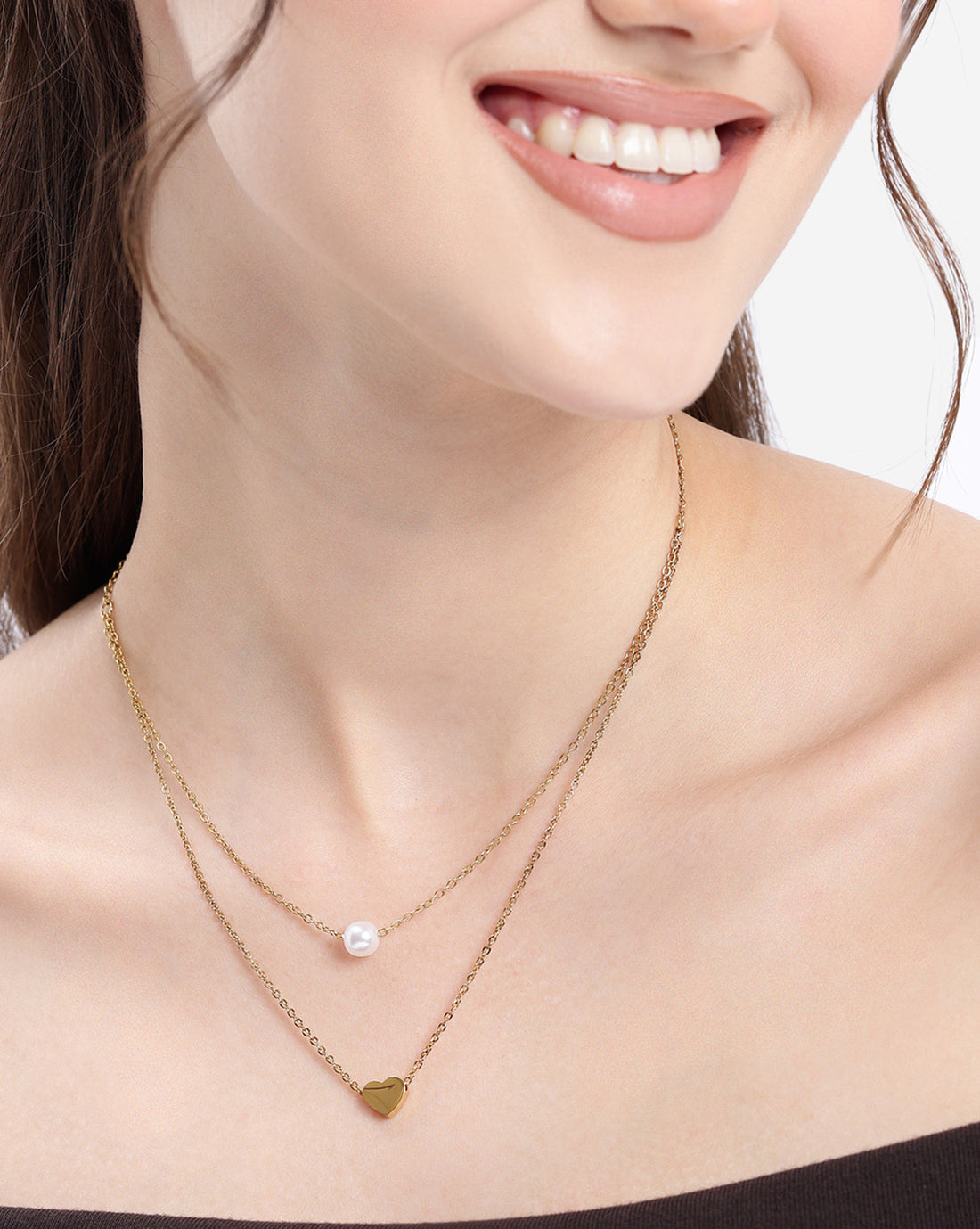 18Kt Gold Plated Pearl and Heart Layered Necklace