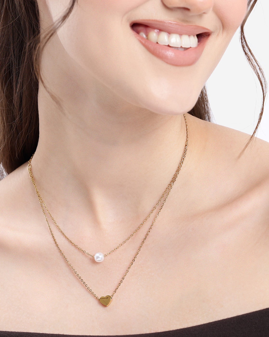 18Kt Gold Plated Pearl and Heart Layered Necklace
