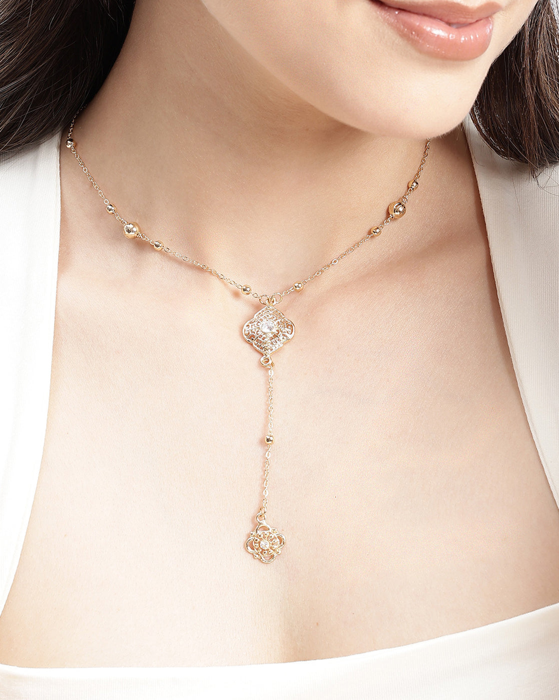 Gold Plated CZ Vintage Filigree Lariat Floral Necklace