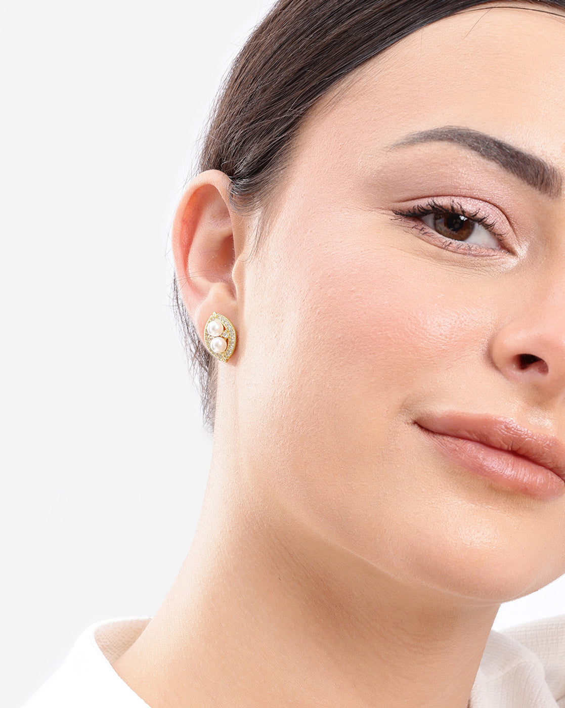 Premium Gold-Plated Twin Pearl CZ Oval Stud Earring