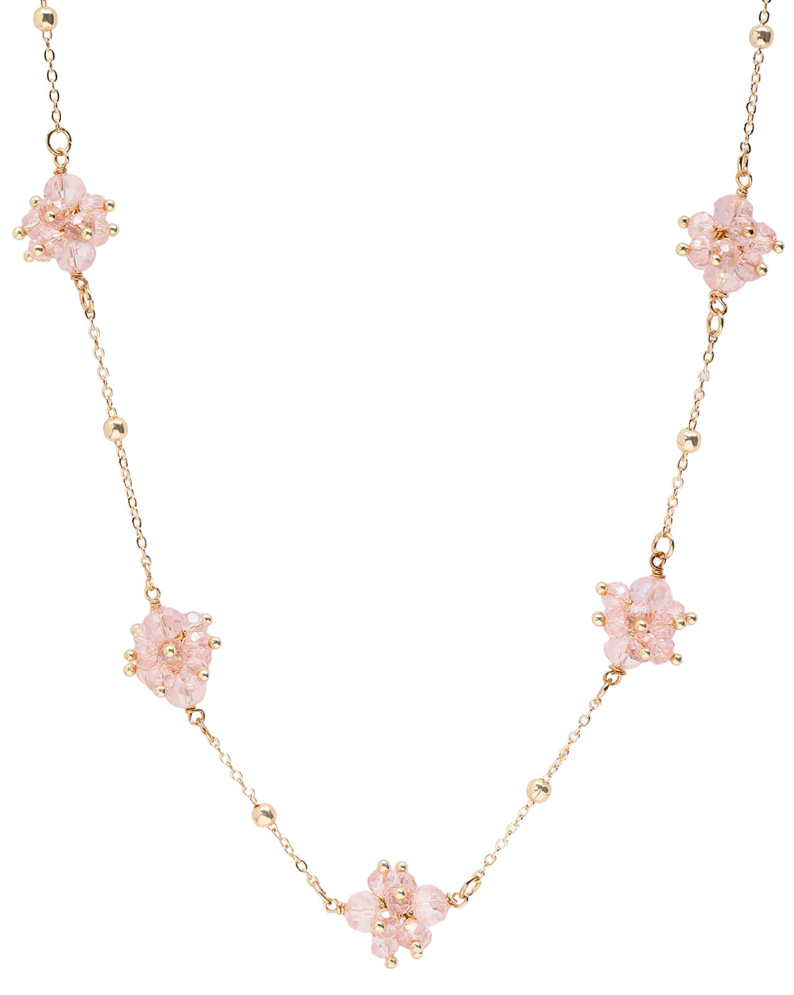 Gold Plated Dainty Rose Pink Beaded Floral Necklace