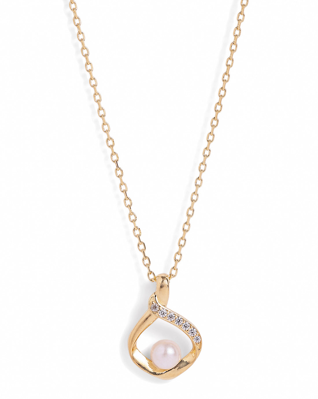 18kt Gold Plated CZ and Pearl Swirl Teardrop Pendant and Chain Necklace