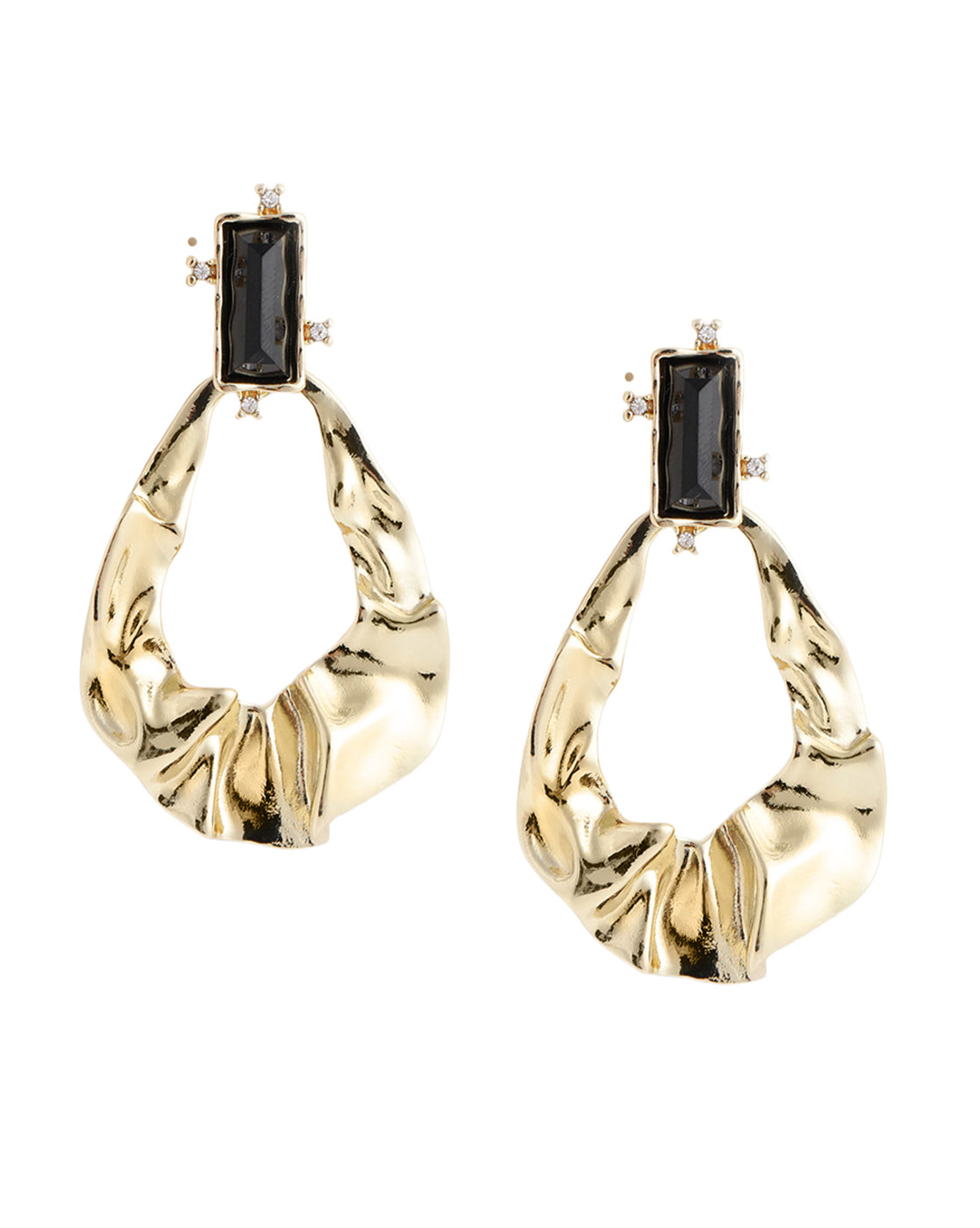 Gold Plated Statement Black Solitaire Stone Hammered Textured Drop Earrings