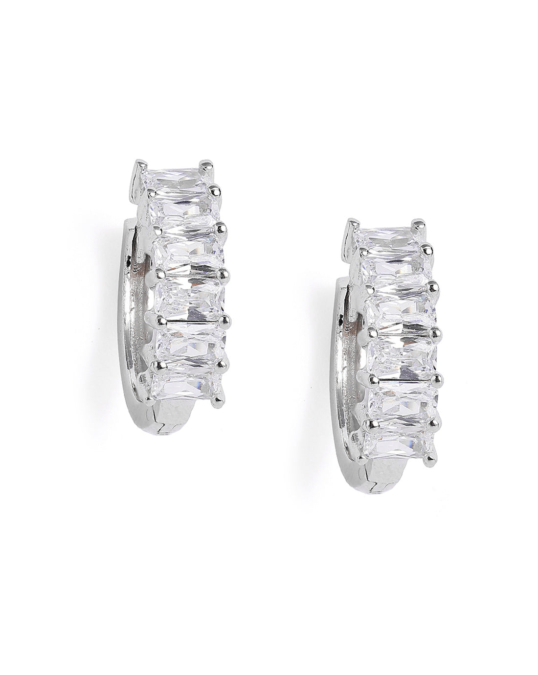 Rhodium Plated Studded Hoop Earring with Baguette CZ
