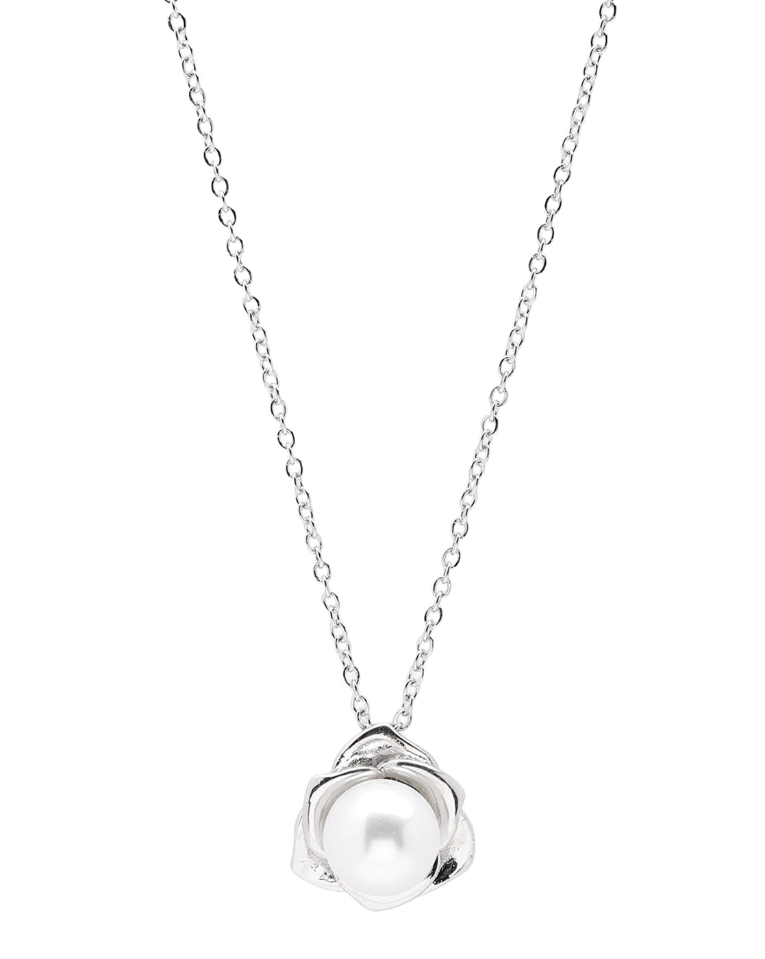 Silver Plated Budding Rose Pearl Pendant Necklace