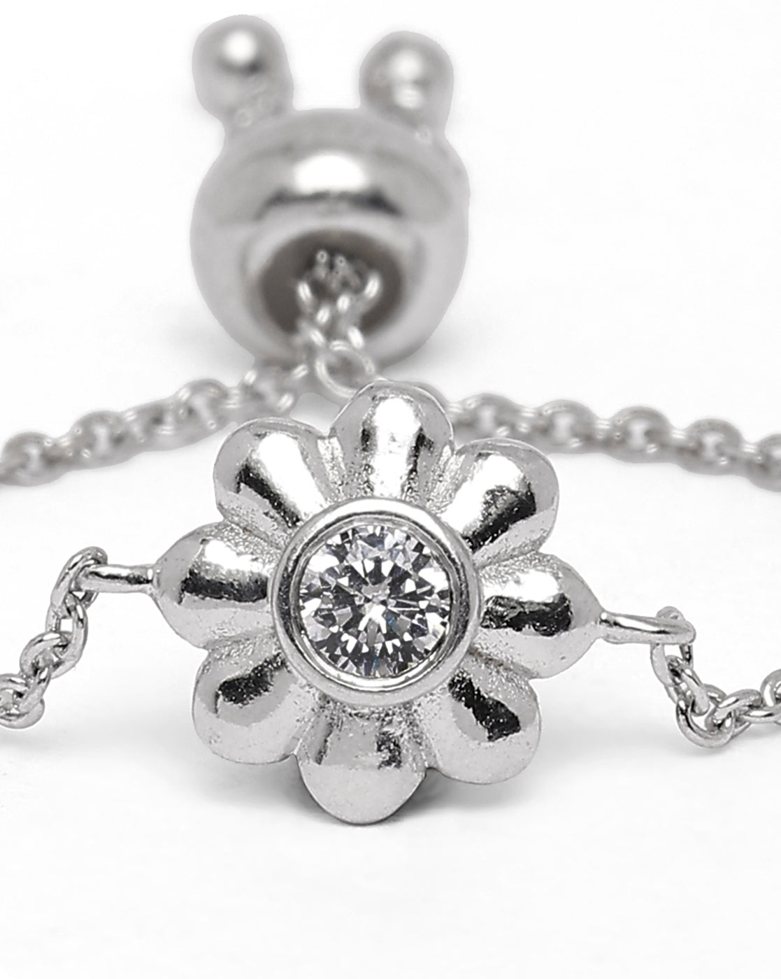 Rhodium Plated CZ Floral Adjustable Chain Ring