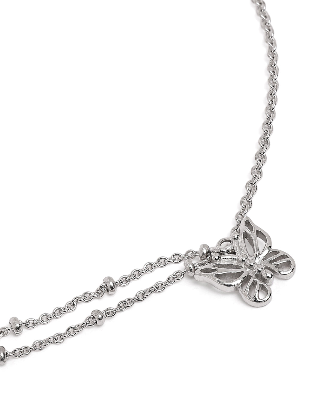 Rhodium Plated Double Chain Butterfly Charm Anklet