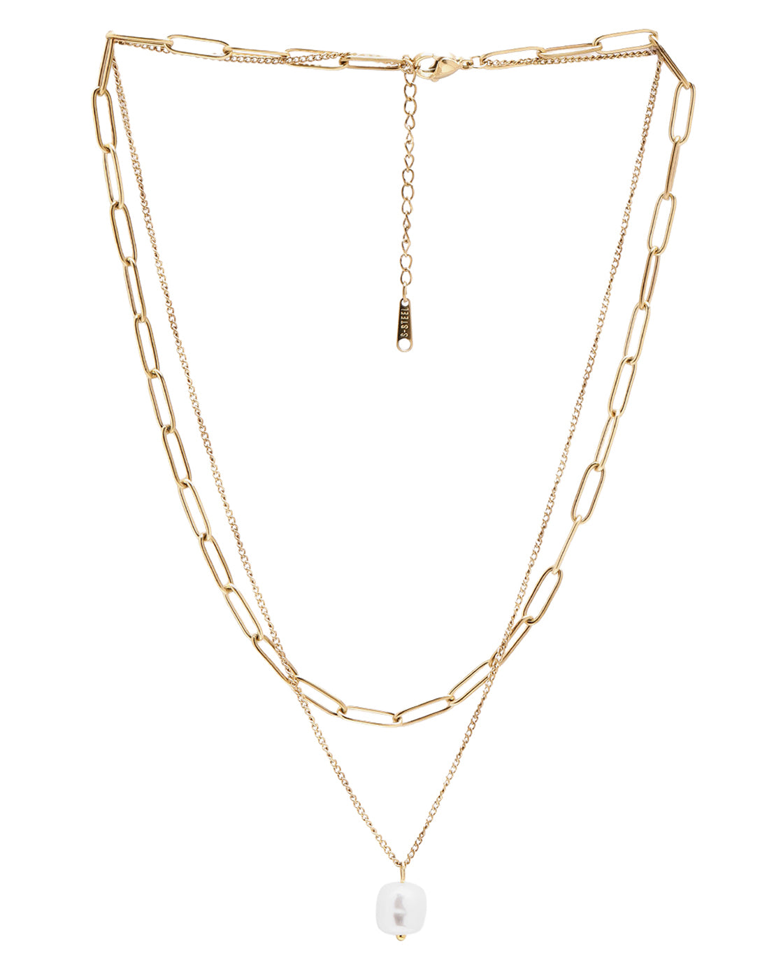 Gold Plated Modern Dangling Organic Pearl & Paperclip Chain Layered Necklace