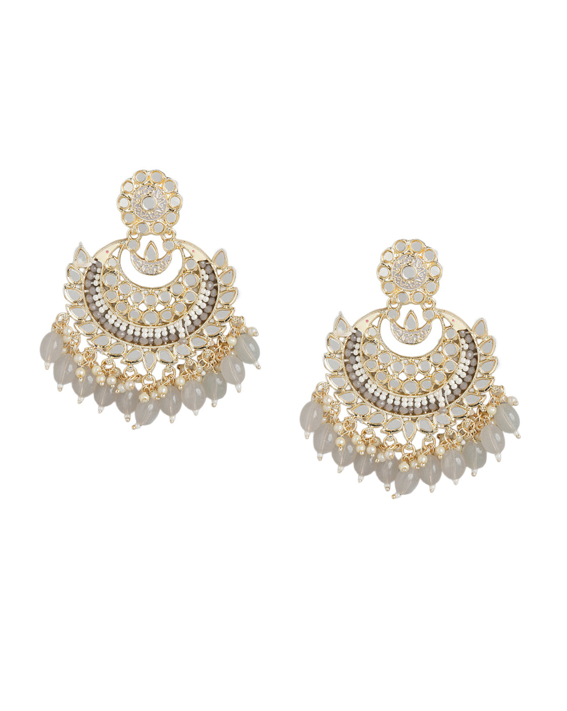 Gold Plated Kundan Layered Chandbali Earrings with Teardrop Bead Drops