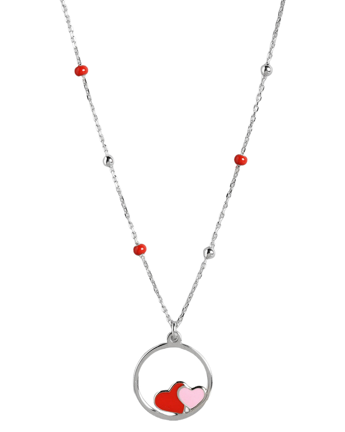 925 Sterling Silver Rhodium Plated Enamel Twin Heart in Circular Pendant and Chainn