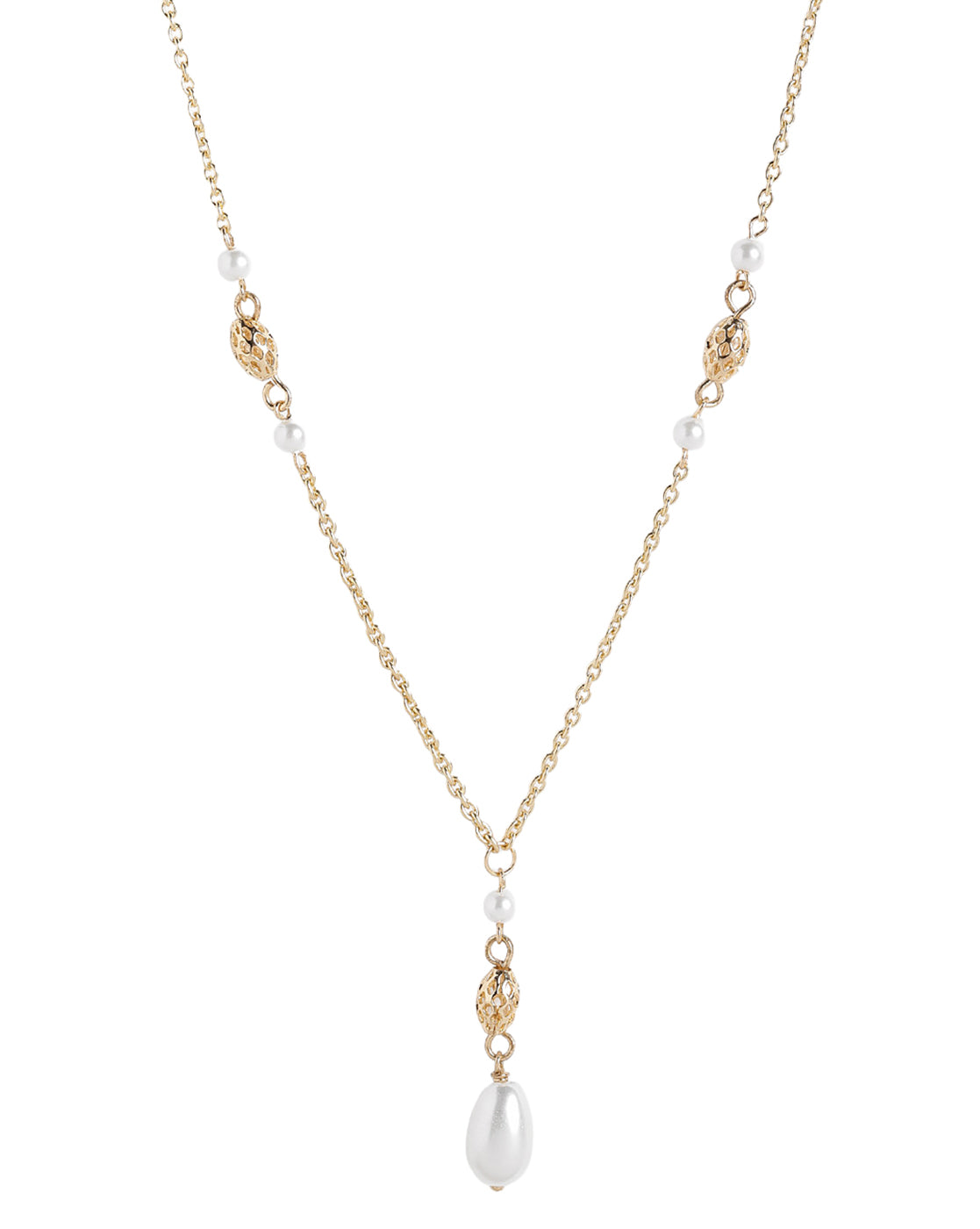Gold Plated Dangling Pearl & Filigree Beads Long Necklace