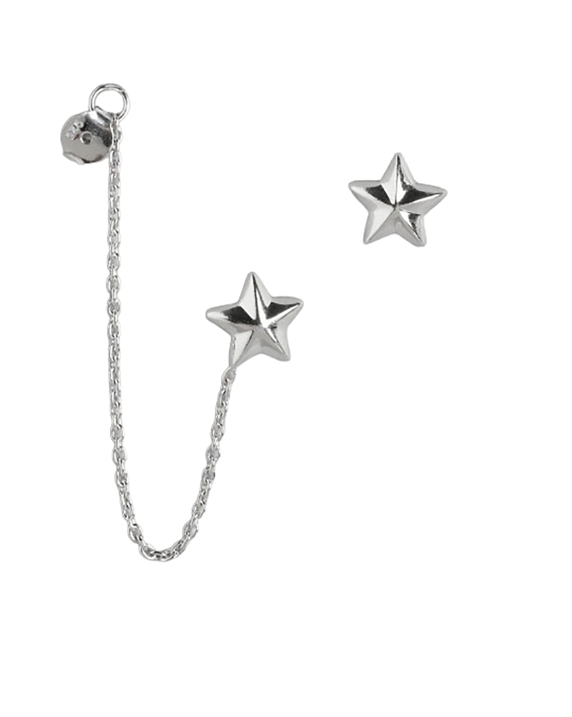 925 Sterling Silver Rhodium Plated Star Stud with Chain Mismatch Earring