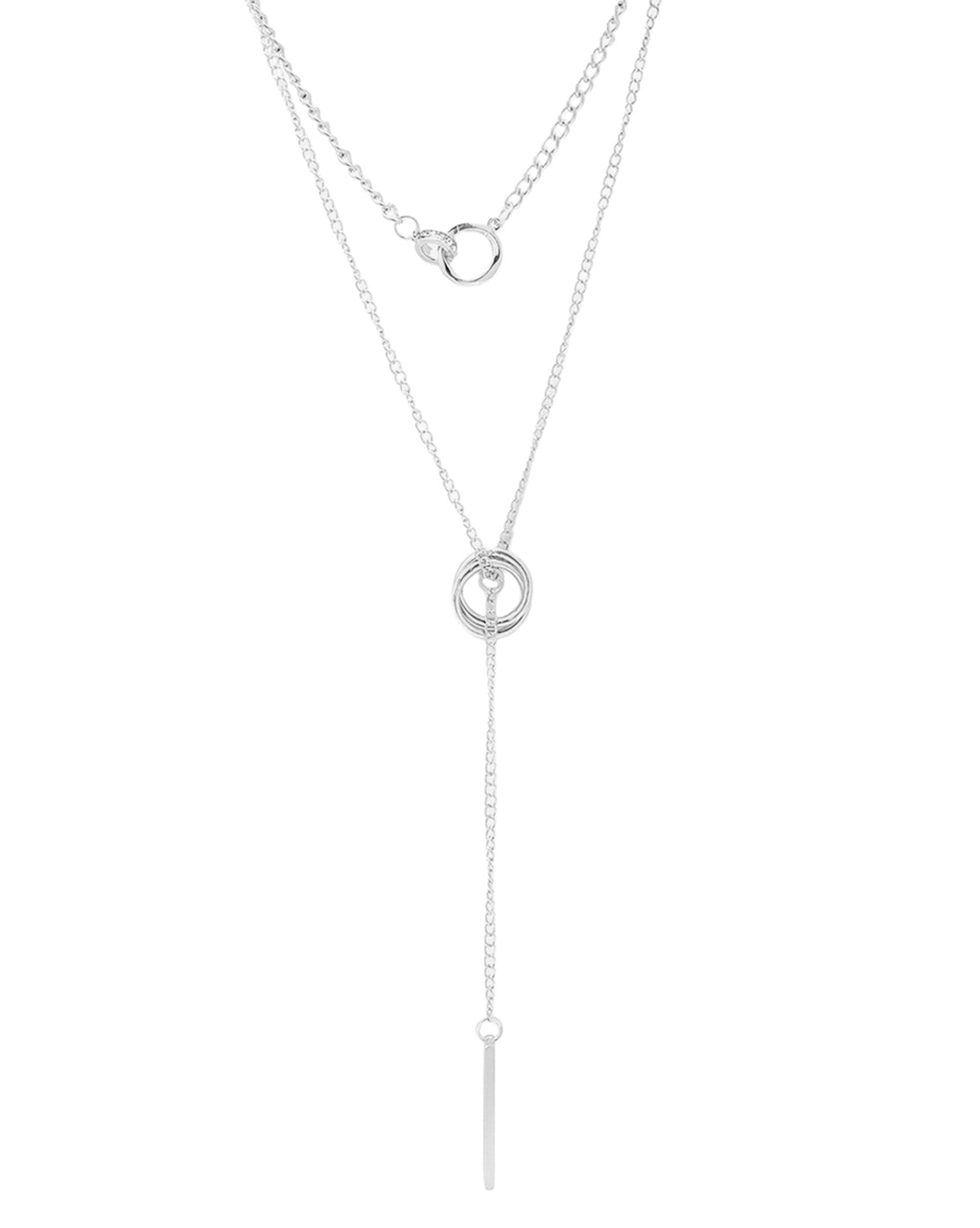 Silver Plated Dangling Bar and Interlinked Ring Lariat Layered Necklace