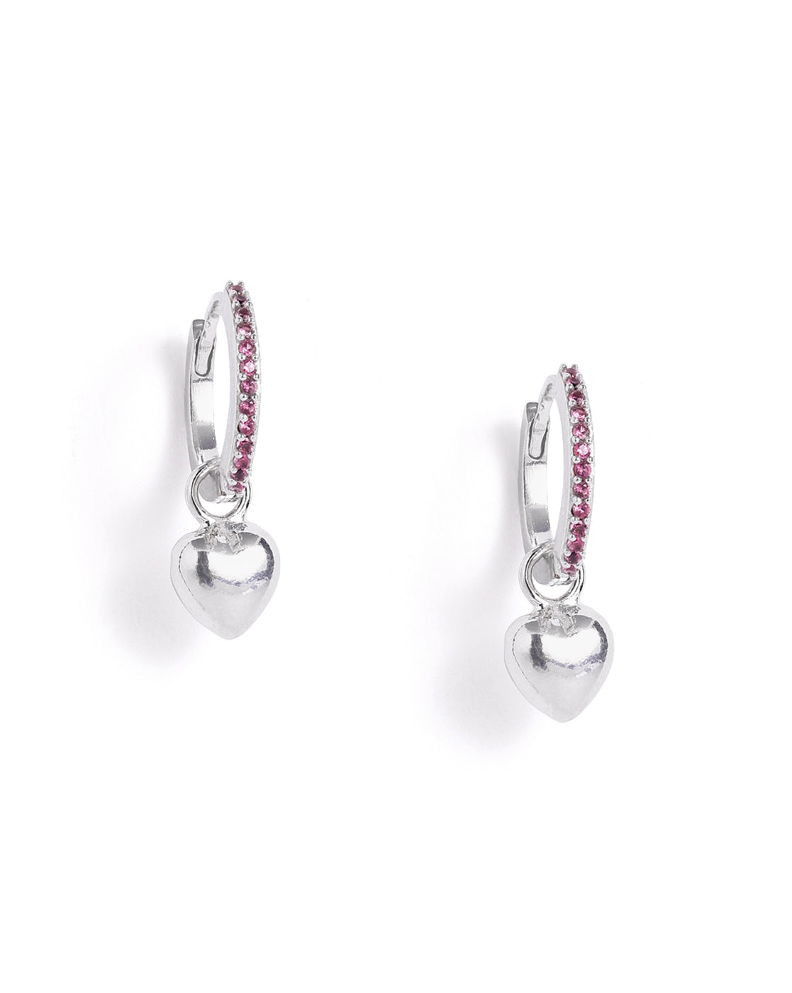 Rhodium Plated Ruby Red Studded Dangling Puffed Heart Mini Hoop Earring