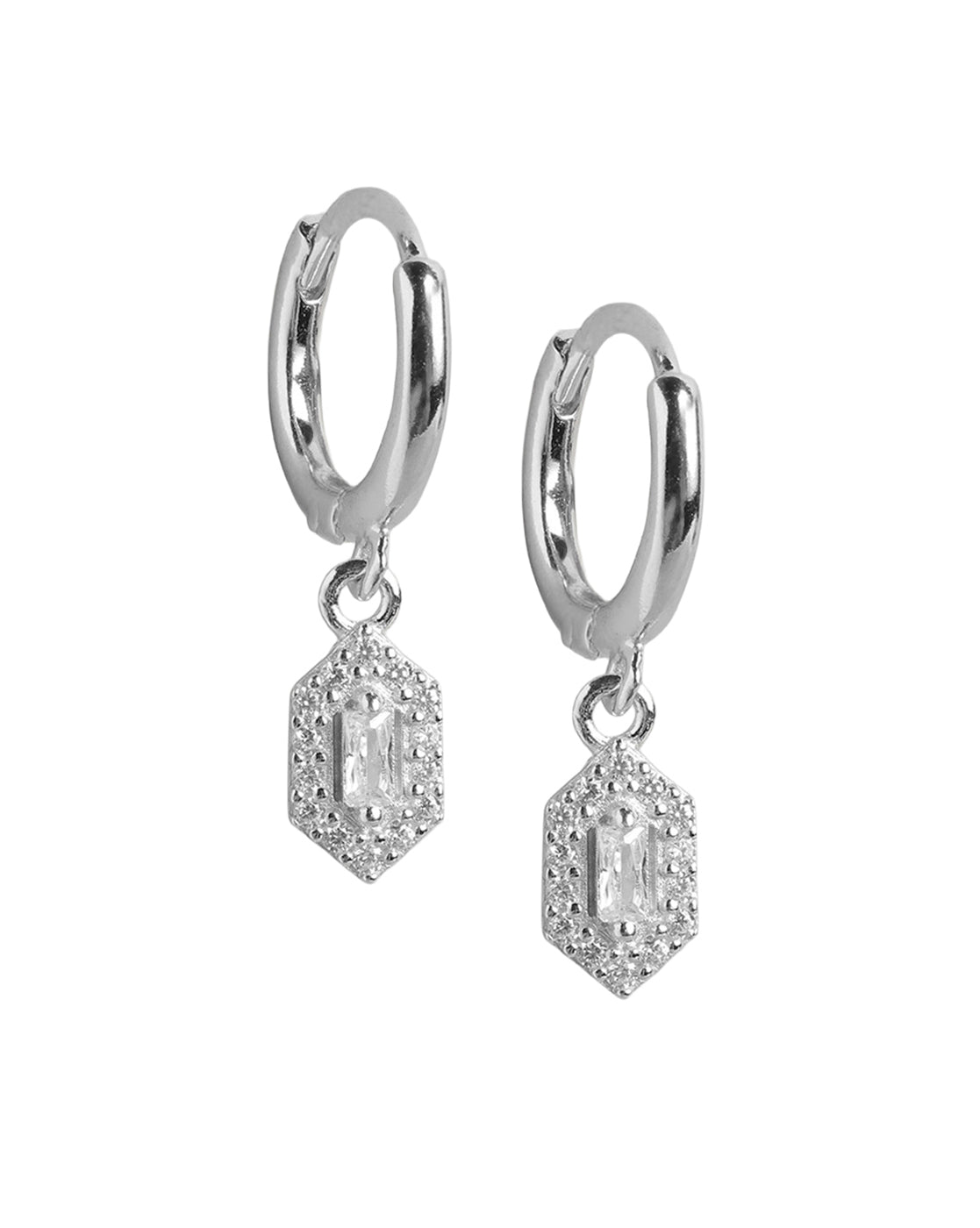 925 Sterling Silver Rhodium Plated CZ Geometric Hoop Earring