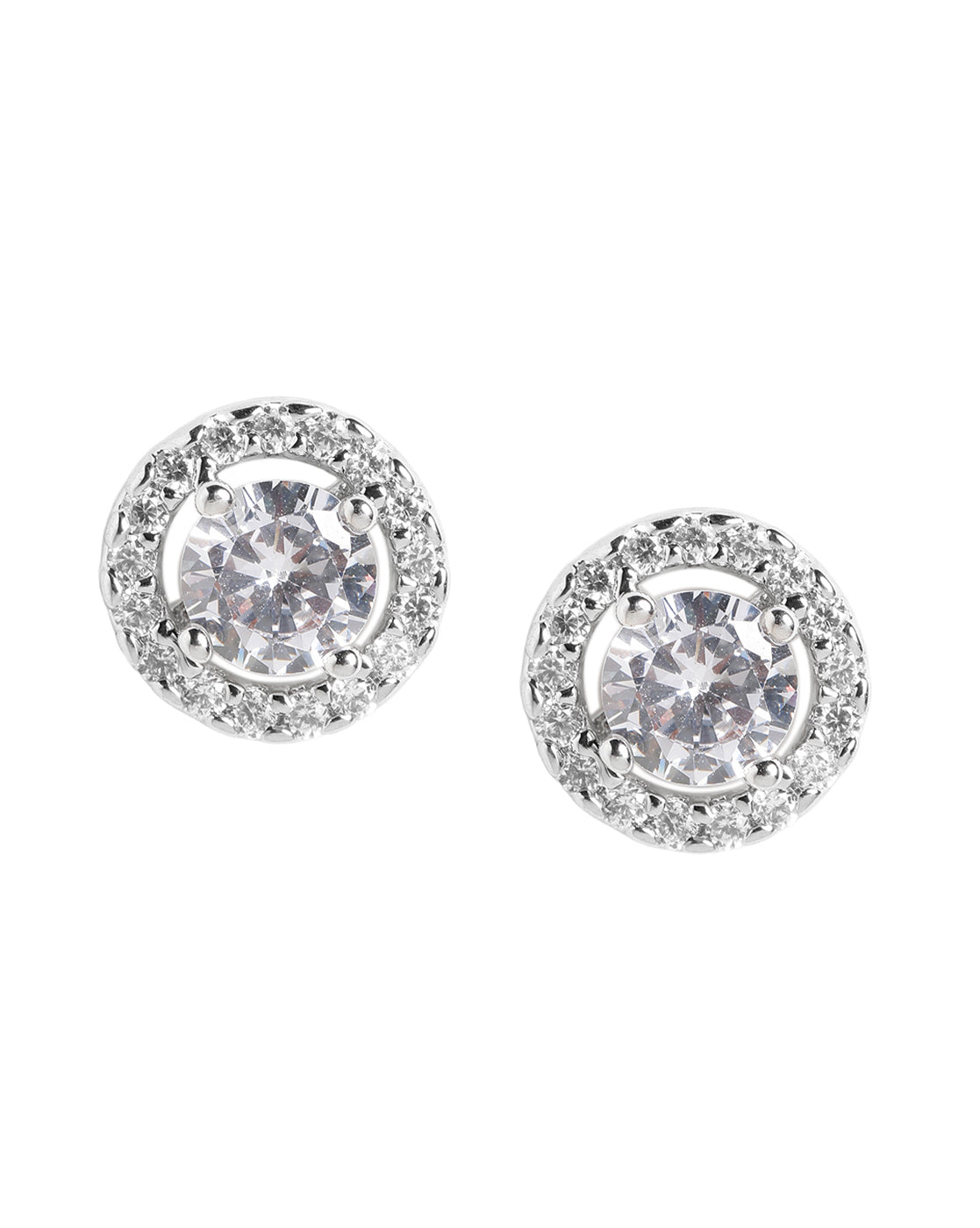 Silver Plated Classic Round Solitaire CZ Halo Stud Earring