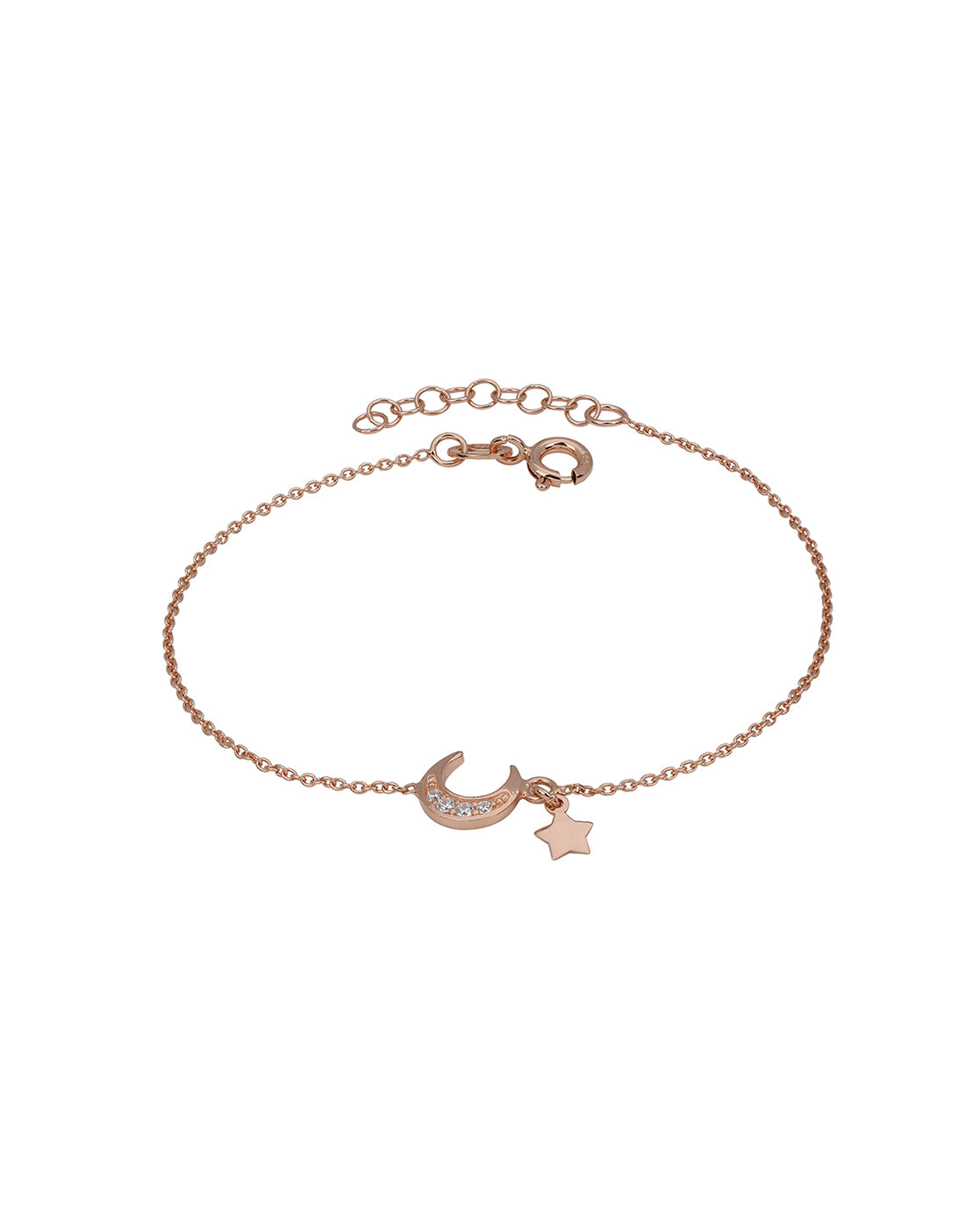 925 Sterling Silver 18kt Rose Gold Plated CZ Moon and Star Charm Bracelet