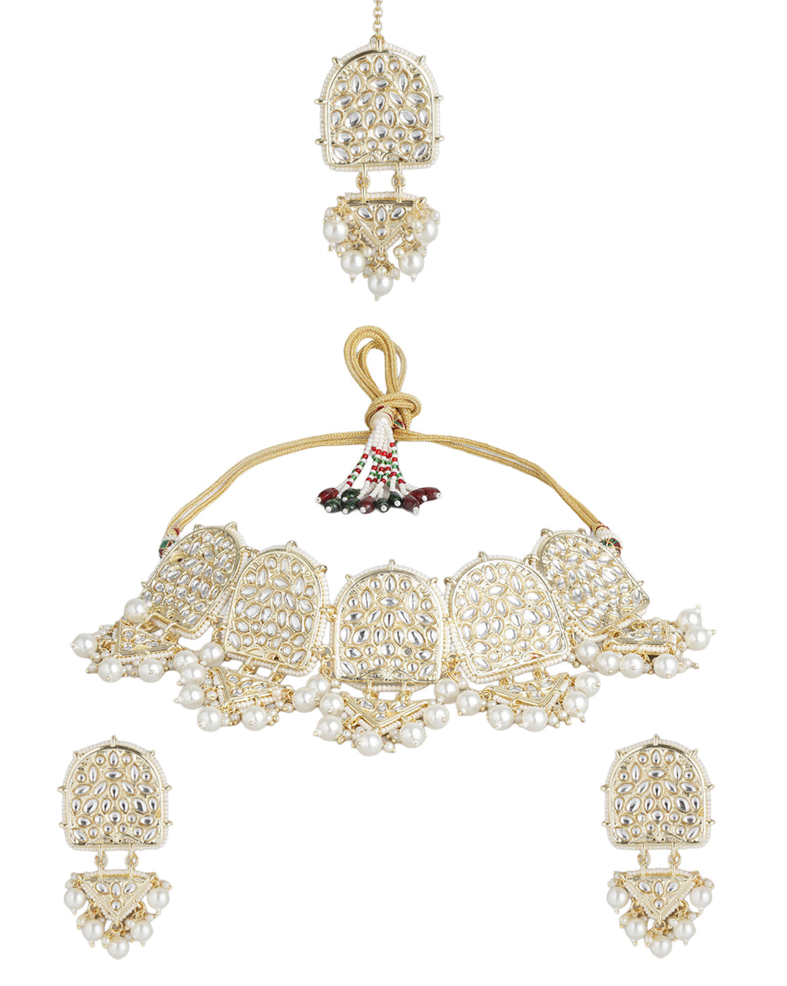 Gold-Plated Kundan Pearl Choker, Earrings & Maang Tika Set