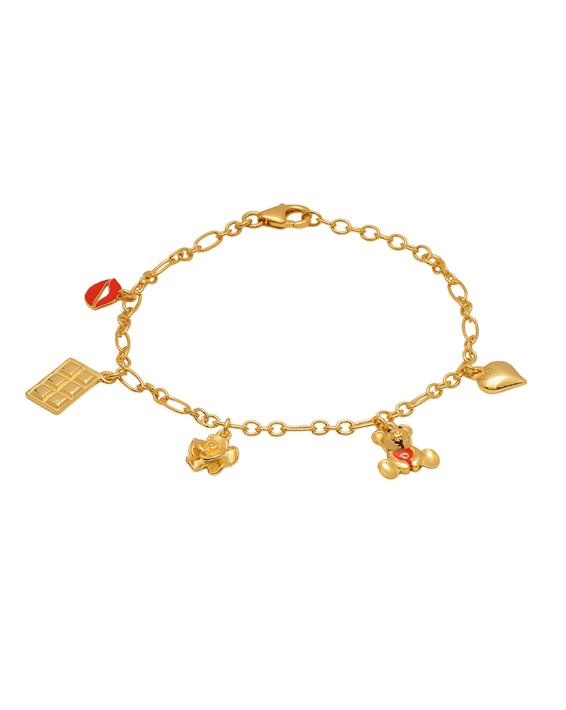 18kt Gold Plated Dangling Floral Teddy Heart Charm Enamel Bracelet
