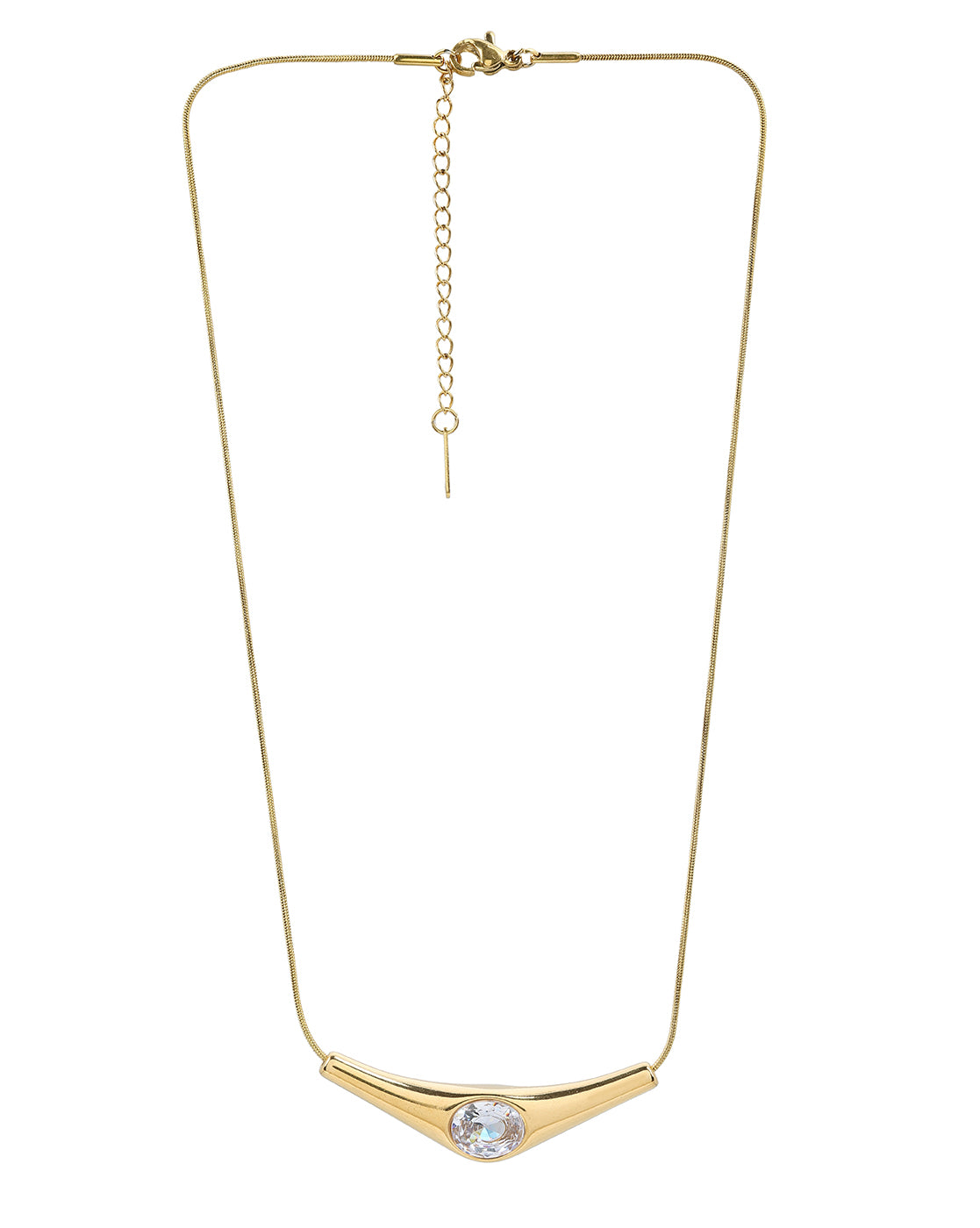 Gold Plated Curved Solitaire Studded Bar Pendant and Snake Chain