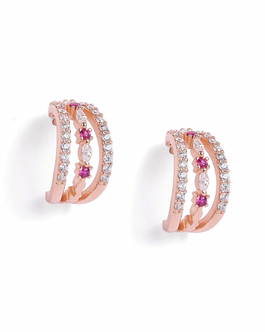18kt Rose Gold Plated Ruby Studded Triple Band Layered Half Hoop Earring