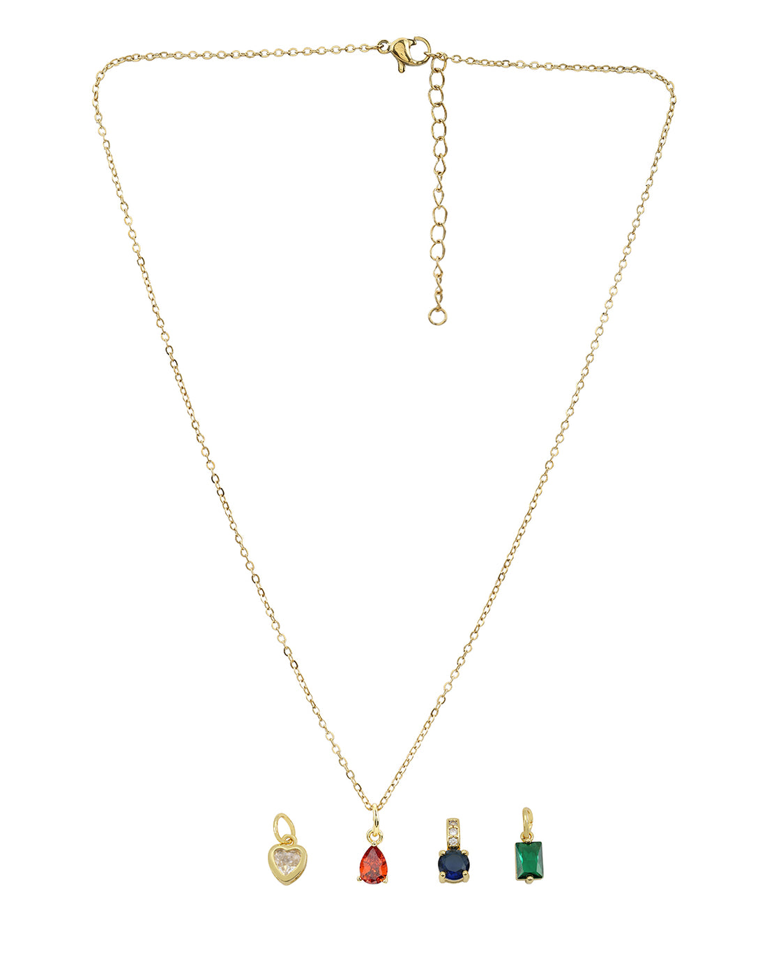 18kt Gold Plated CZ-Heart-Teardrop-Baguette & Round Interchangeable Solitaire Pendant with Chain Necklace