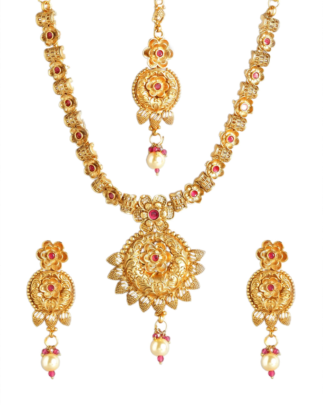 Gold Plated Traditional Ruby Red Floral Necklace and Earring with Maang Tika Set