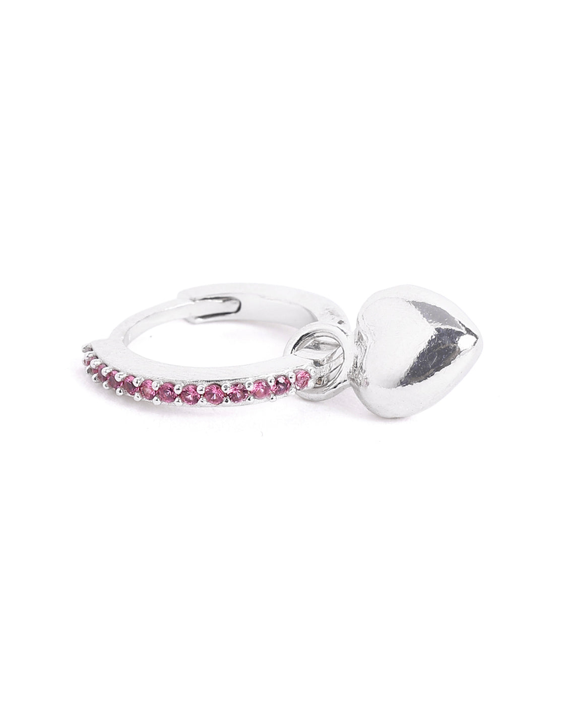 Rhodium Plated Ruby Red Studded Dangling Puffed Heart Mini Hoop Earring