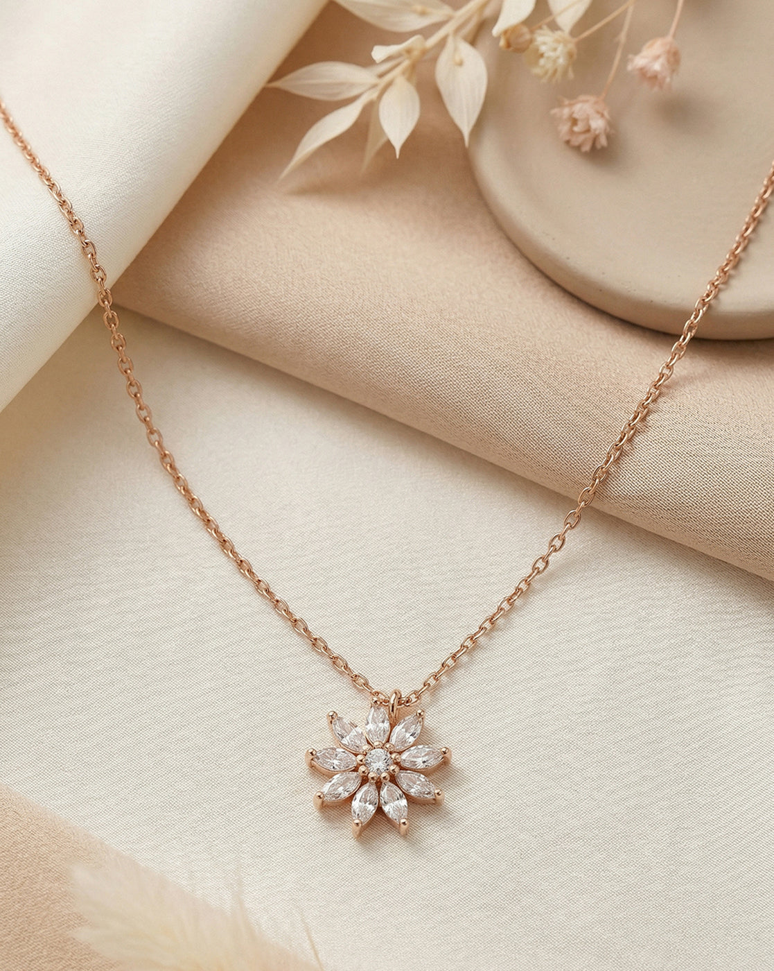 18kt Rose Gold Plated CZ Floral Pendant and Chain