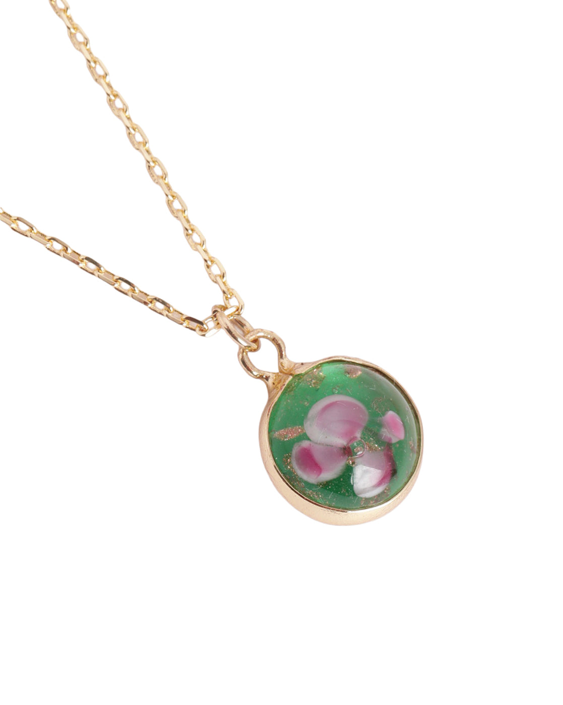 Gold Plated Green Stone and Enamel Round Floral Pendant with Chain