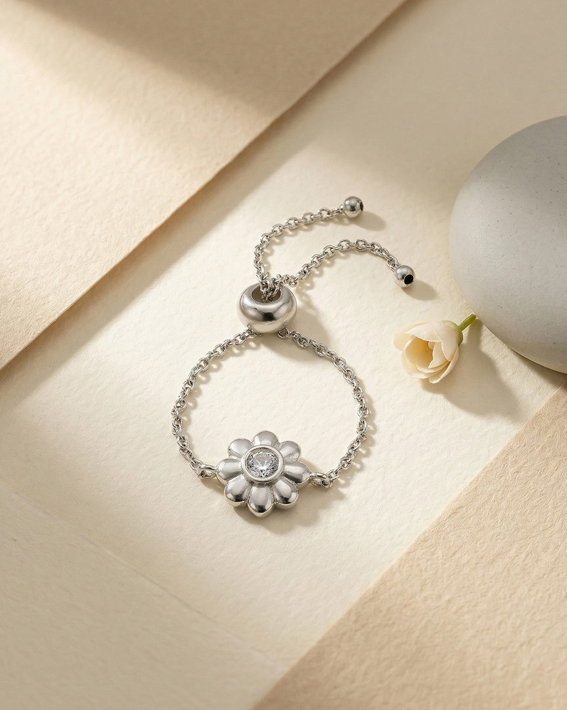 Rhodium Plated CZ Floral Adjustable Chain Ring