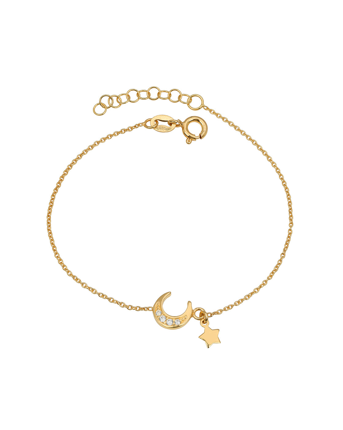 925 Sterling Silver 18kt Gold Plated CZ Moon and Star Charm Bracelet