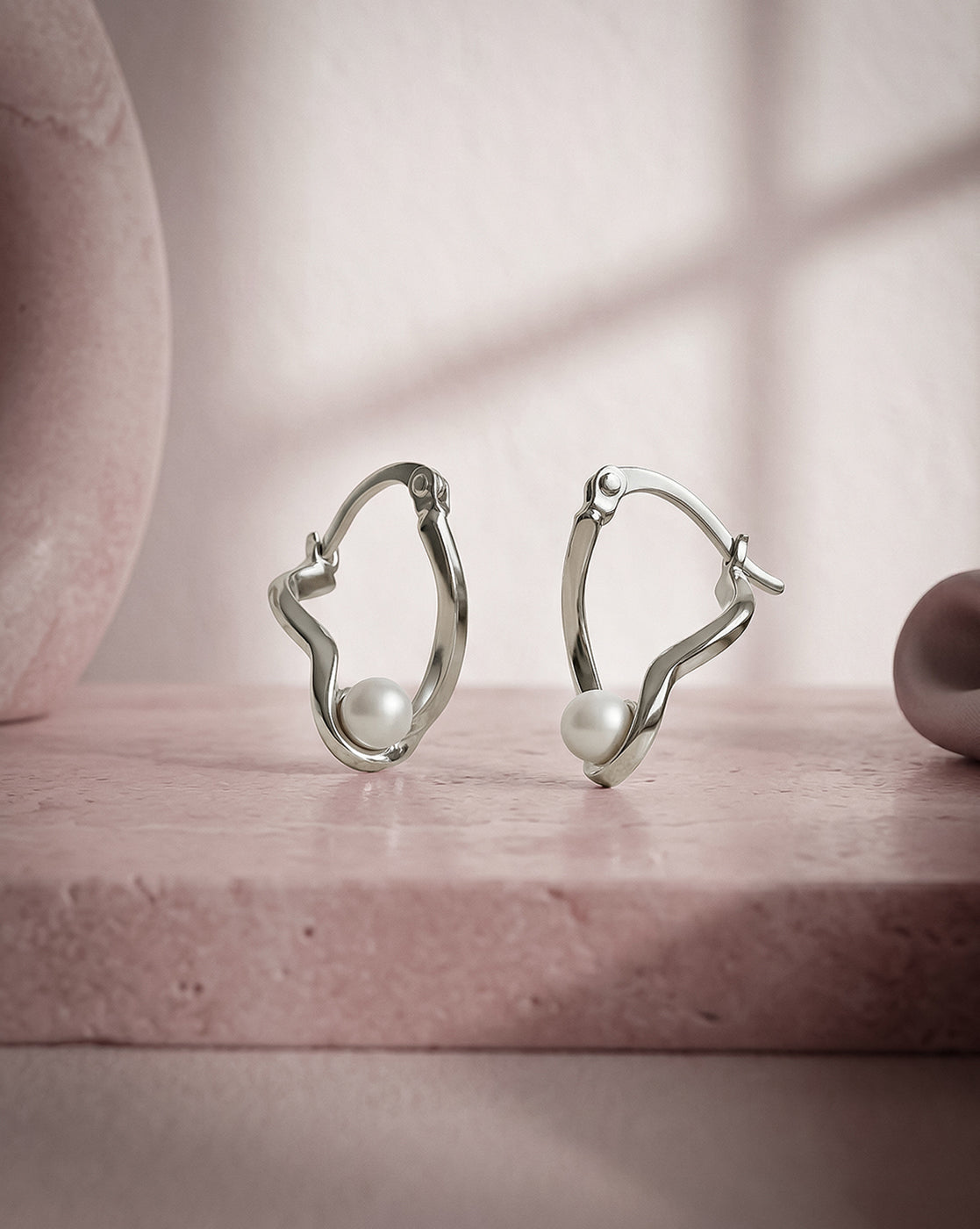 Rhodium Plated Pearl Contemporary Hoop Earring