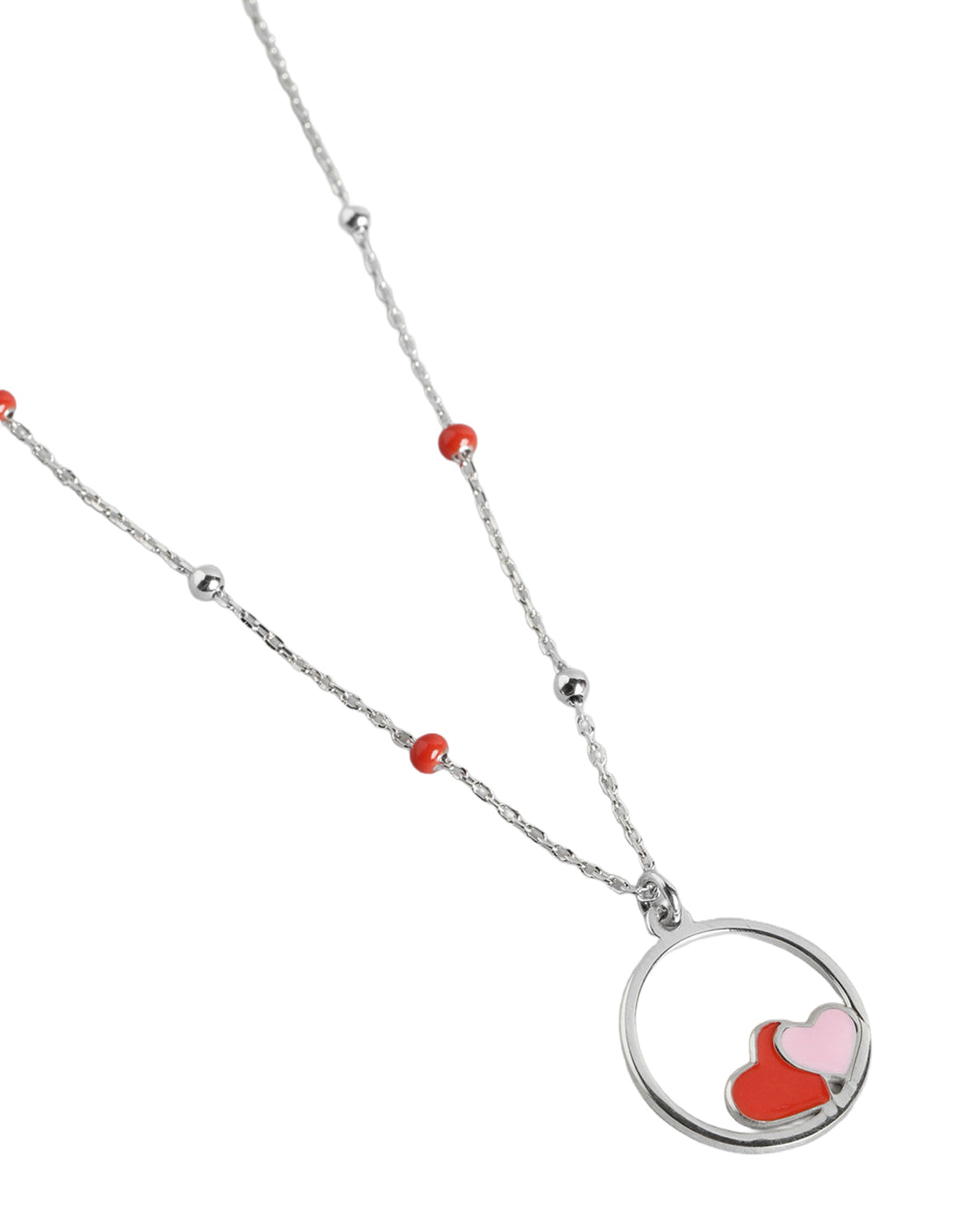 925 Sterling Silver Rhodium Plated Enamel Twin Heart in Circular Pendant and Chainn