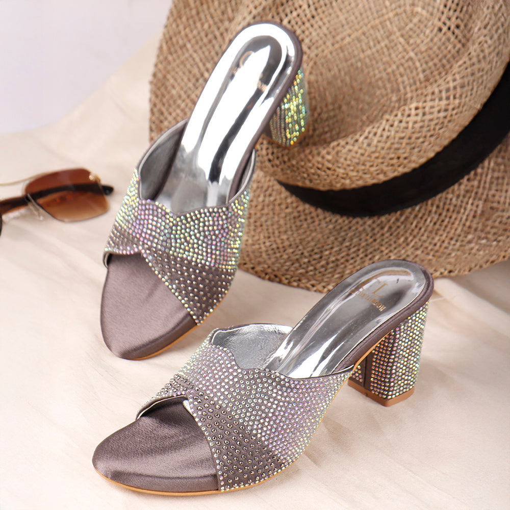 Women Lridescent Gem Embellished Block Heel Sandals