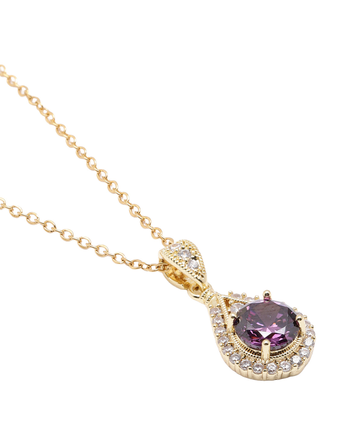 Gold Plated Elegant Teardrop CZ Sparkle Halo Amethyst Purple Pendant and Chain