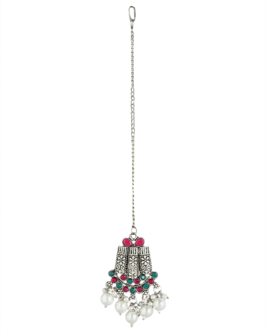 Silver Plated Oxidised Traditional Red Green Stone Jewellery Set with Maang Tika