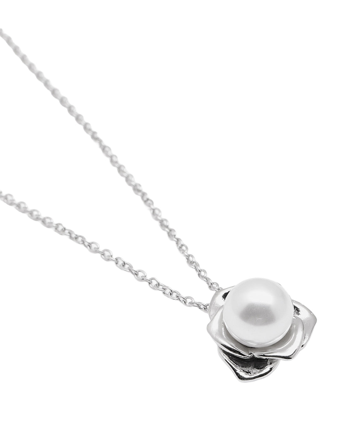 Silver Plated Budding Rose Pearl Pendant Necklace