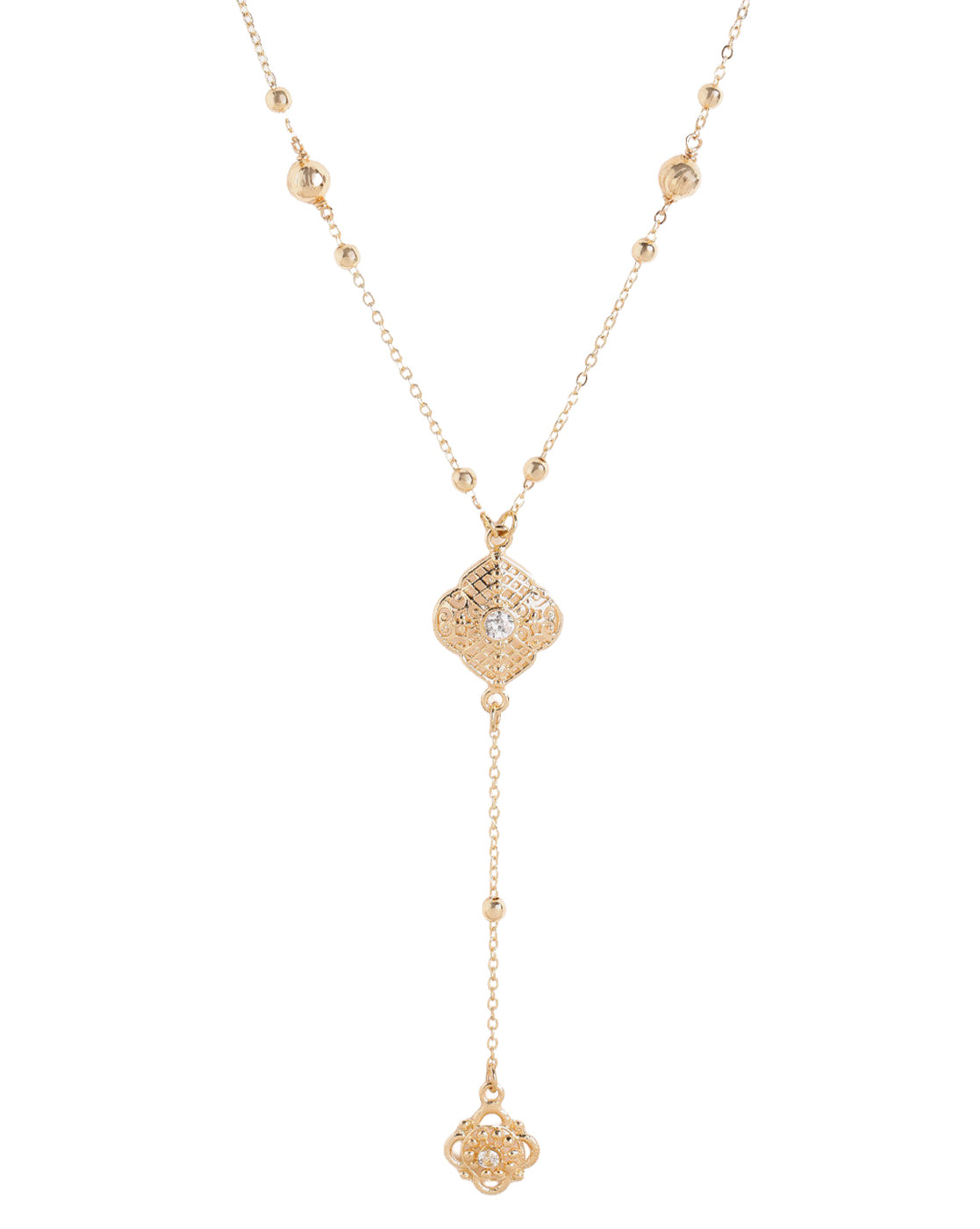 Gold Plated CZ Vintage Filigree Lariat Floral Necklace