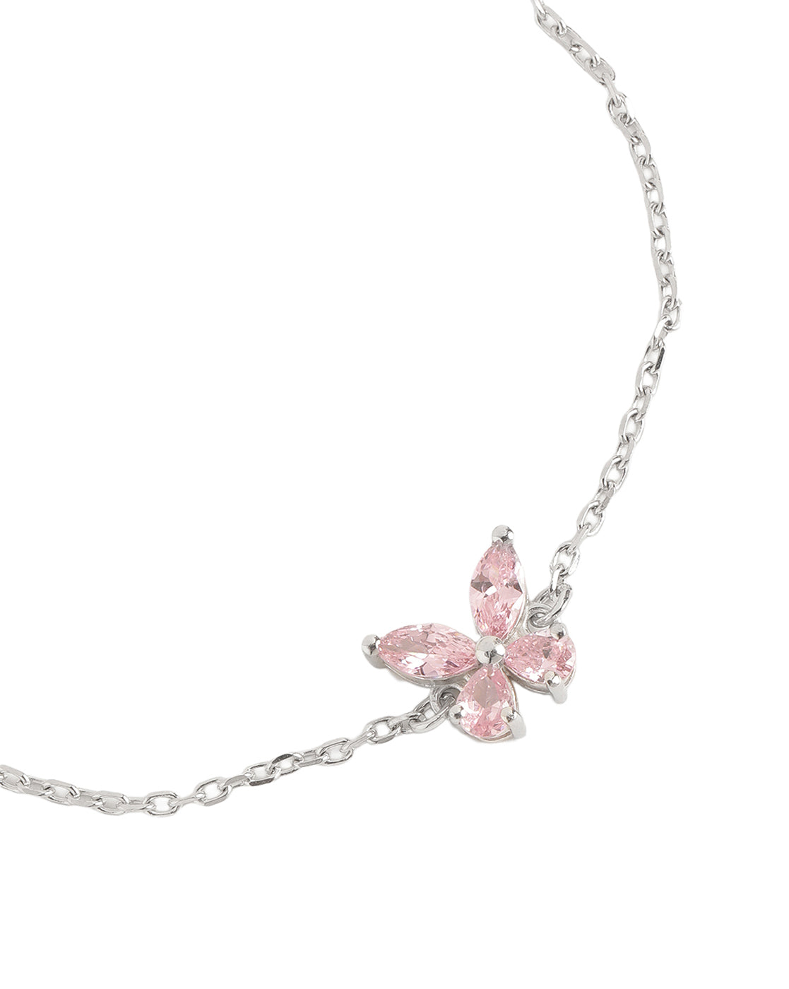 Rhodium-Plated Dainty Pink CZ Butterfly Charm Adjustable Bracelet