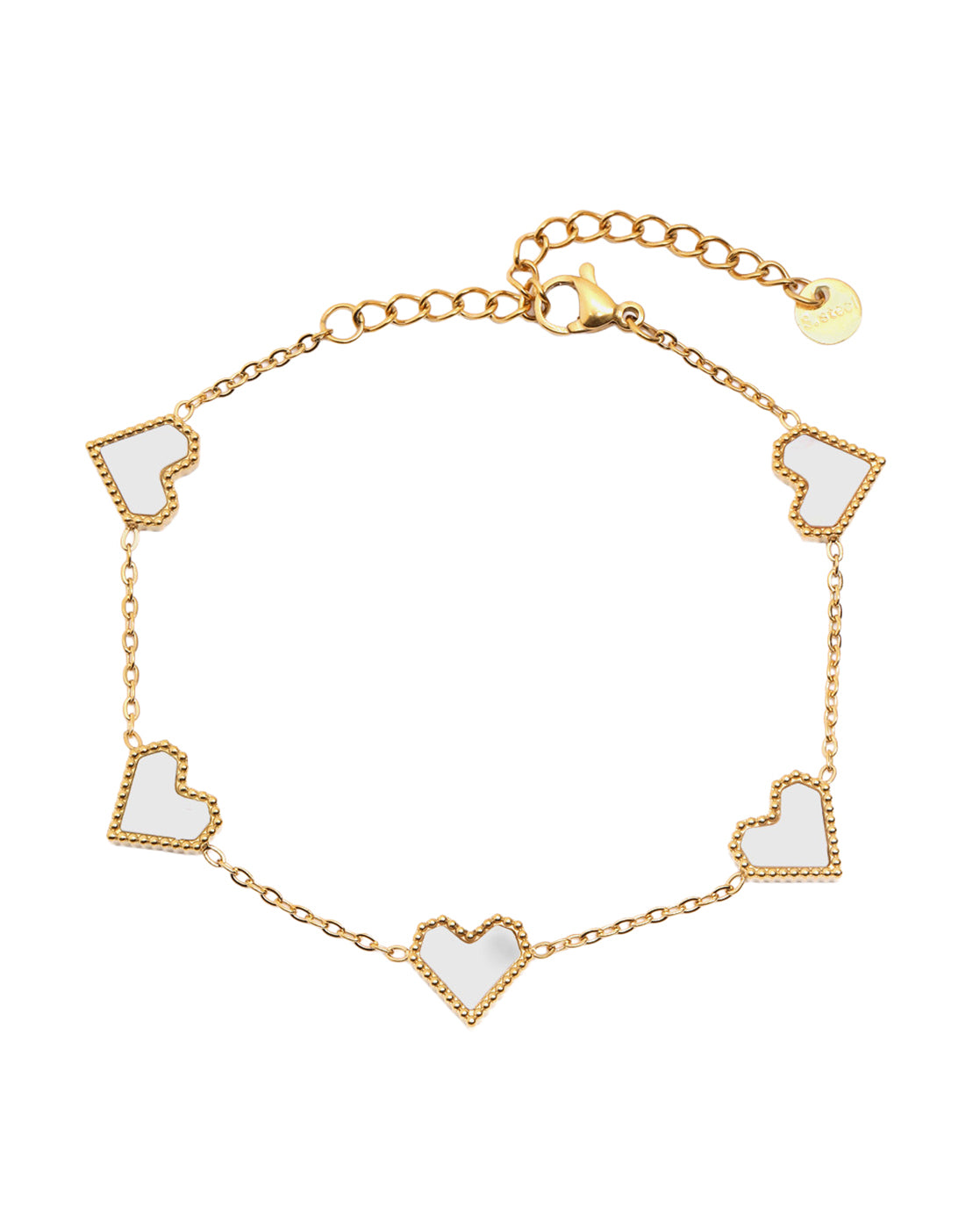 18kt Gold Plated Faux Pearl Multi Heart Charm Adjustable Bracelet